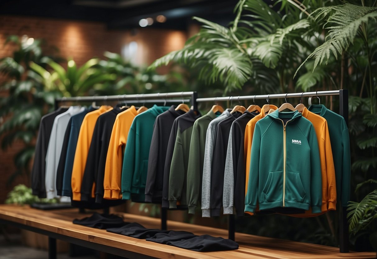 A vibrant display of eco-friendly activewear brands' logos and products, set against a backdrop of lush greenery and sustainable materials, with a focus on modern, minimalist designs and earthy color palettes