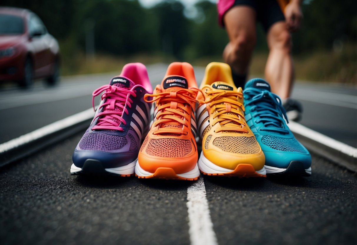 A lineup of colorful, sleek running shoes arranged on a track, with dynamic lines and arrows to convey speed and performance