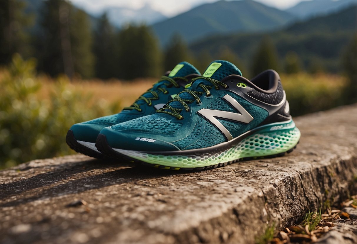 A pair of New Balance Fresh Foam 1080v11 running shoes, sleek and modern, resting on a vibrant track with a backdrop of a scenic running trail