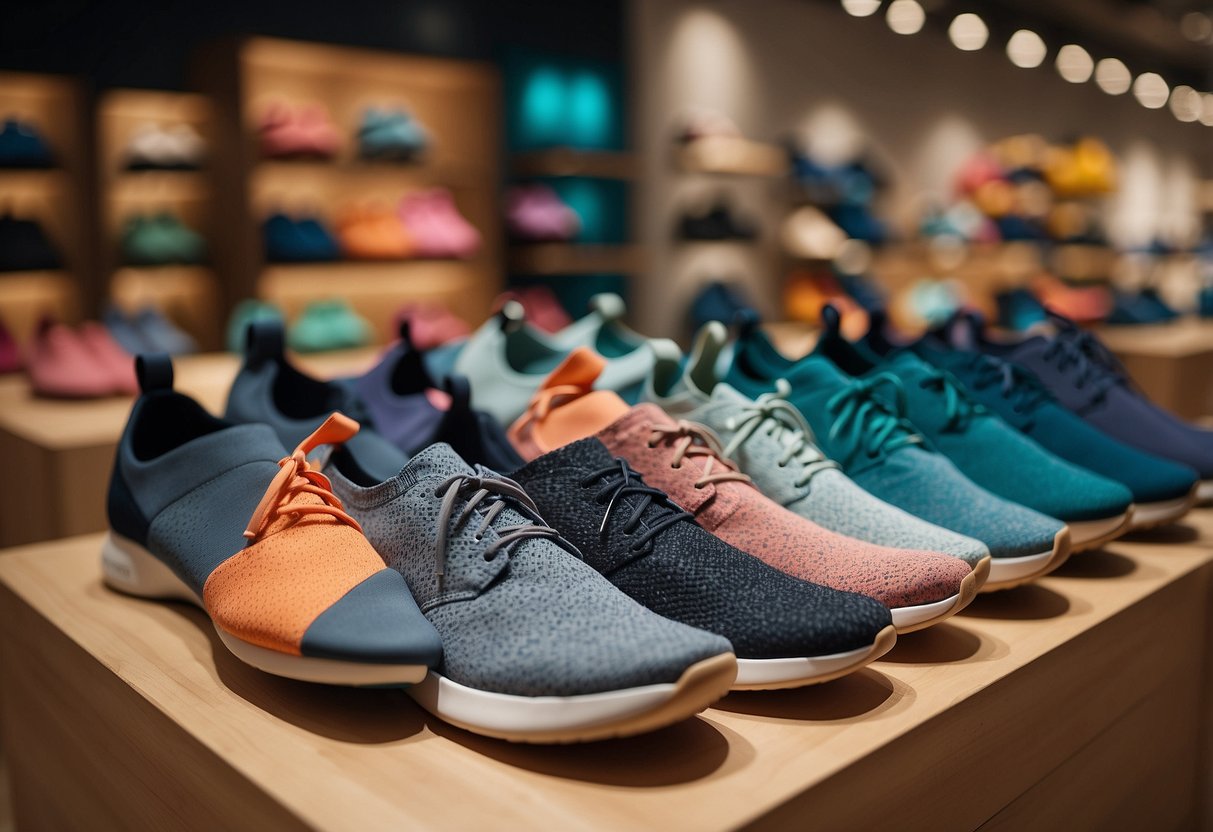 A colorful display of Allbirds activewear alongside other eco-friendly brands, showcasing their innovative designs and sustainable materials