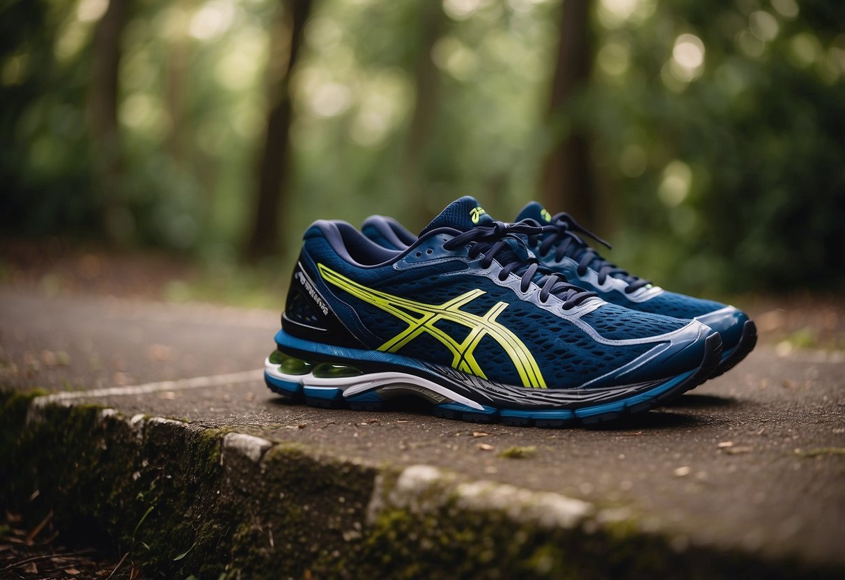 A pair of Asics Gel-Nimbus 25 shoes, with sleek design and advanced cushioning technology, sitting on a track surrounded by vibrant greenery