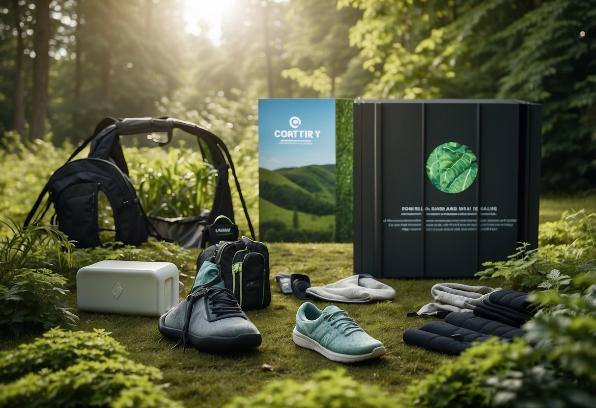 A lush green landscape with sustainable activewear brands' logos floating in the sky, surrounded by eco-friendly elements like recycled materials and renewable energy sources