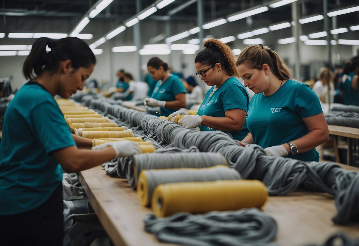 A bustling eco-friendly activewear factory in 2024, with workers crafting Threads 4 Thought apparel. Sustainable materials and innovative designs are on display