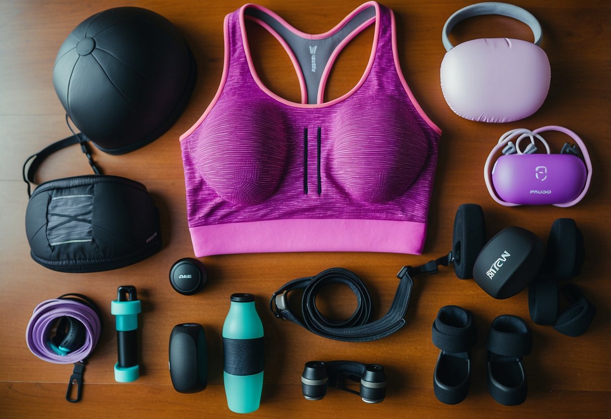 A woman's sports bra laid out with various impact level options, surrounded by workout equipment and a fitness tracker