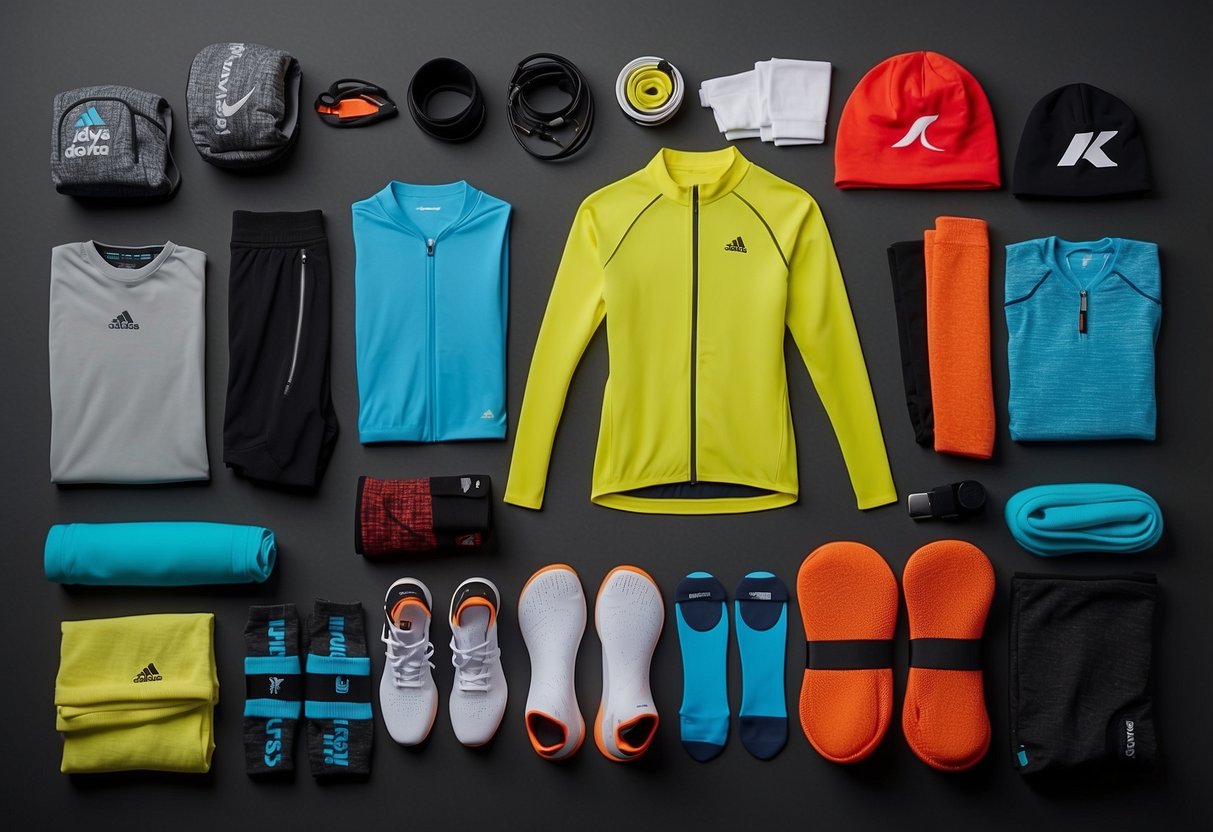 Athletic gear laid out with compression clothing, socks, and sleeves. Brand logos visible. Bright colors and sleek designs