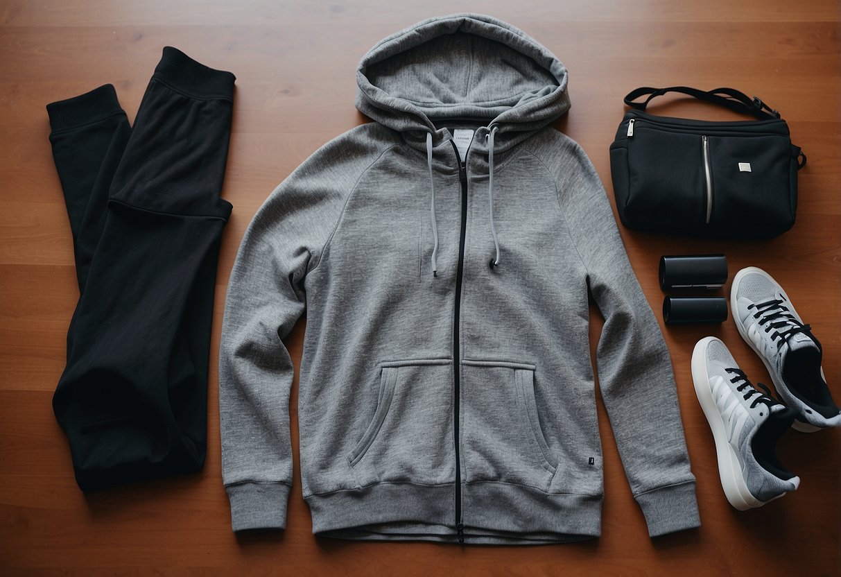 A woman's athleisure outfit laid out on a bed, including leggings, a sports bra, and a cozy hoodie. Sneakers and a backpack are placed nearby, ready for everyday wear