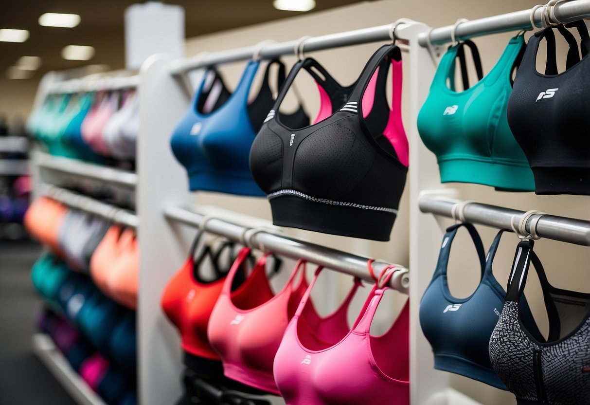 A display of various sports bras in different materials and fabrics, showcasing options for different workout activities