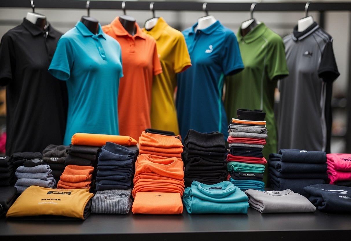 Athletic gear laid out neatly, including compression socks, sleeves, and shirts. Bright colors and sleek designs. Textbooks on benefits and options nearby