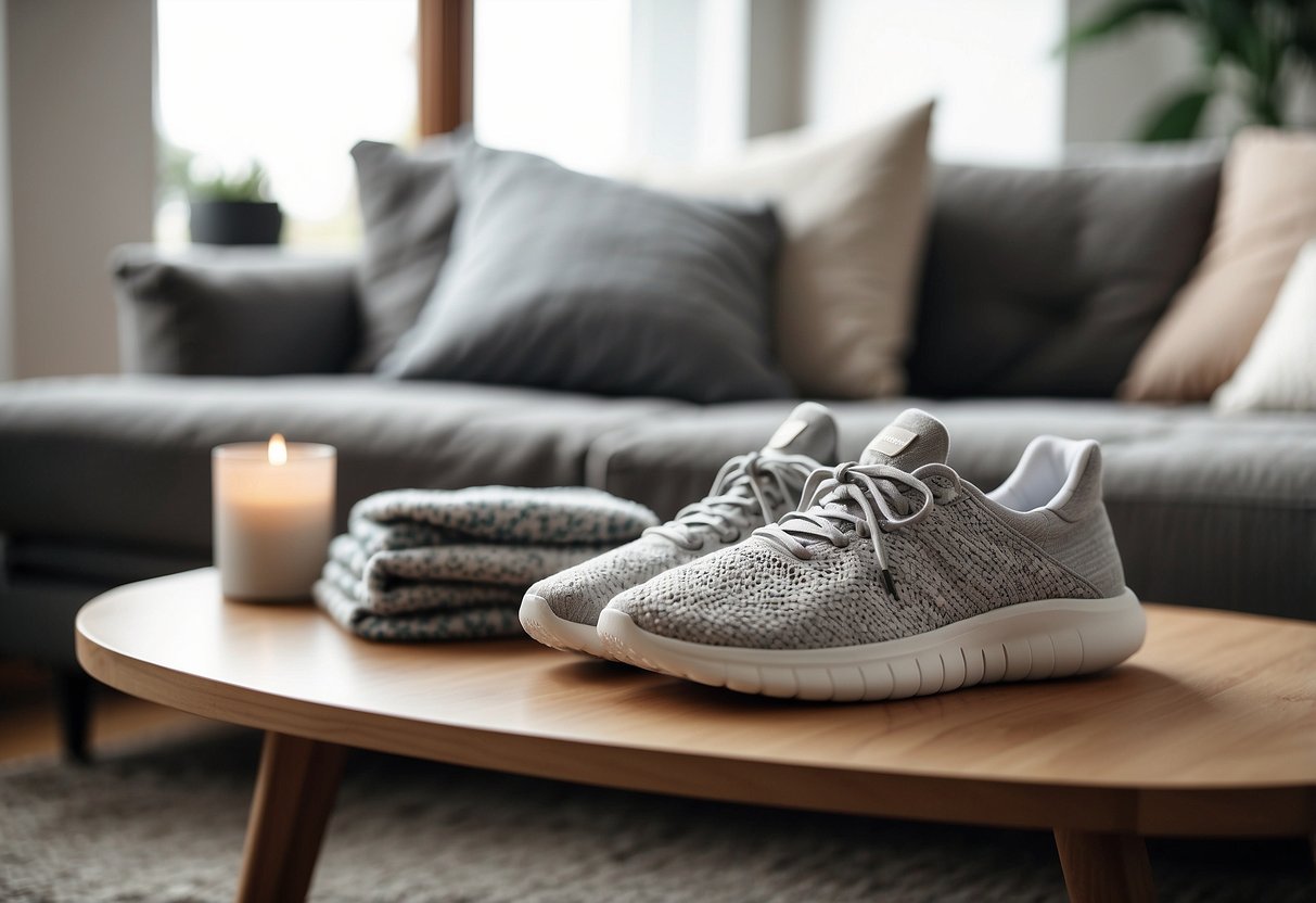 A cozy living room with a modern sofa, soft throw blankets, and stylish activewear neatly folded on a coffee table. A yoga mat and pair of sleek sneakers sit nearby, creating a relaxed yet fashionable atmosphere