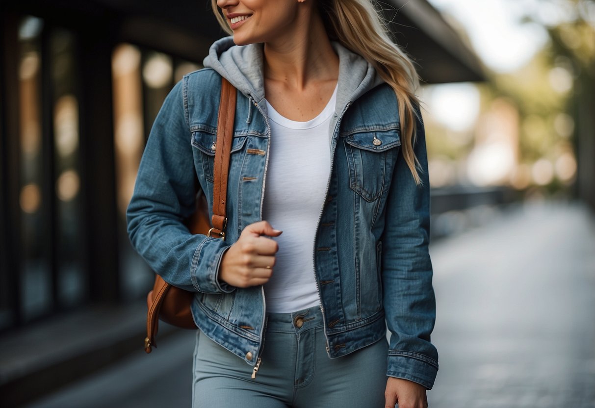 A woman's workout leggings, a hoodie, and sneakers layered with a denim jacket and a crossbody bag, creating a stylish athleisure look