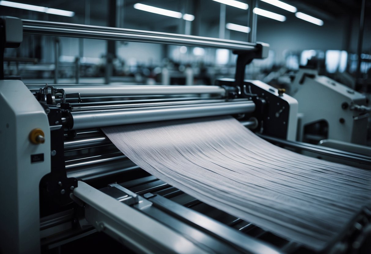 A fabric weaving machine in a modern activewear factory, producing smart fabrics with embedded technology for fitness tracking and temperature regulation