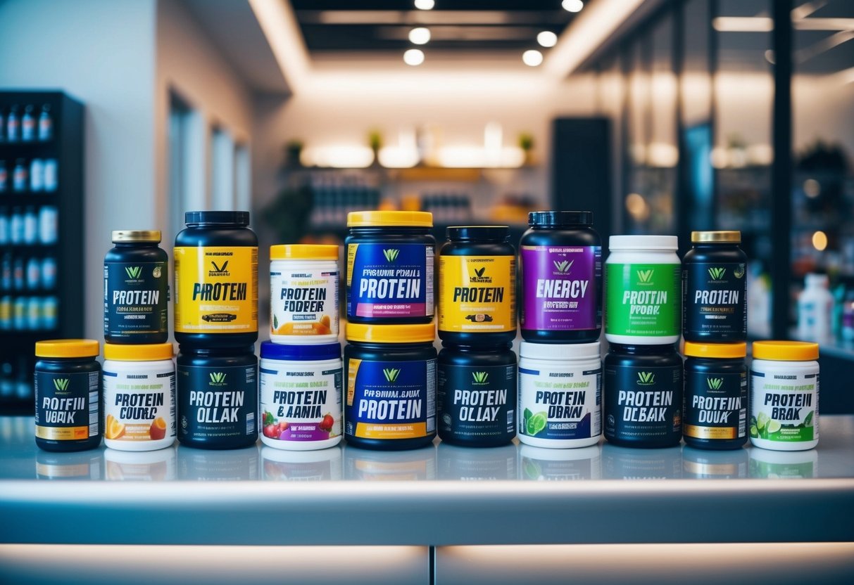 A vibrant array of supplements, including protein powder, vitamins, and energy drinks, arranged on a sleek, modern counter