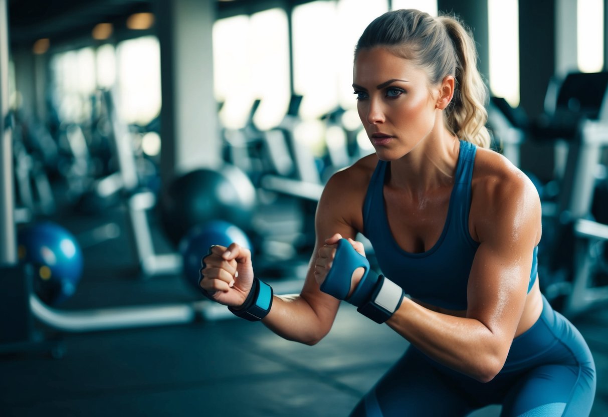 A woman in moisture-wicking activewear, drenched in sweat, pushing through a grueling workout in a high-intensity gym setting