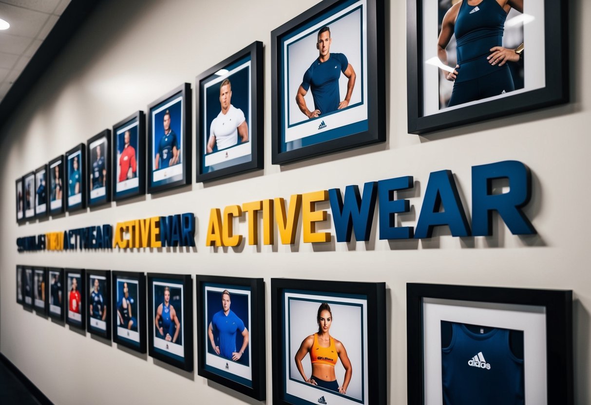 A lineup of iconic activewear logos displayed on a wall, surrounded by framed photographs of celebrity athletes wearing the brands' apparel