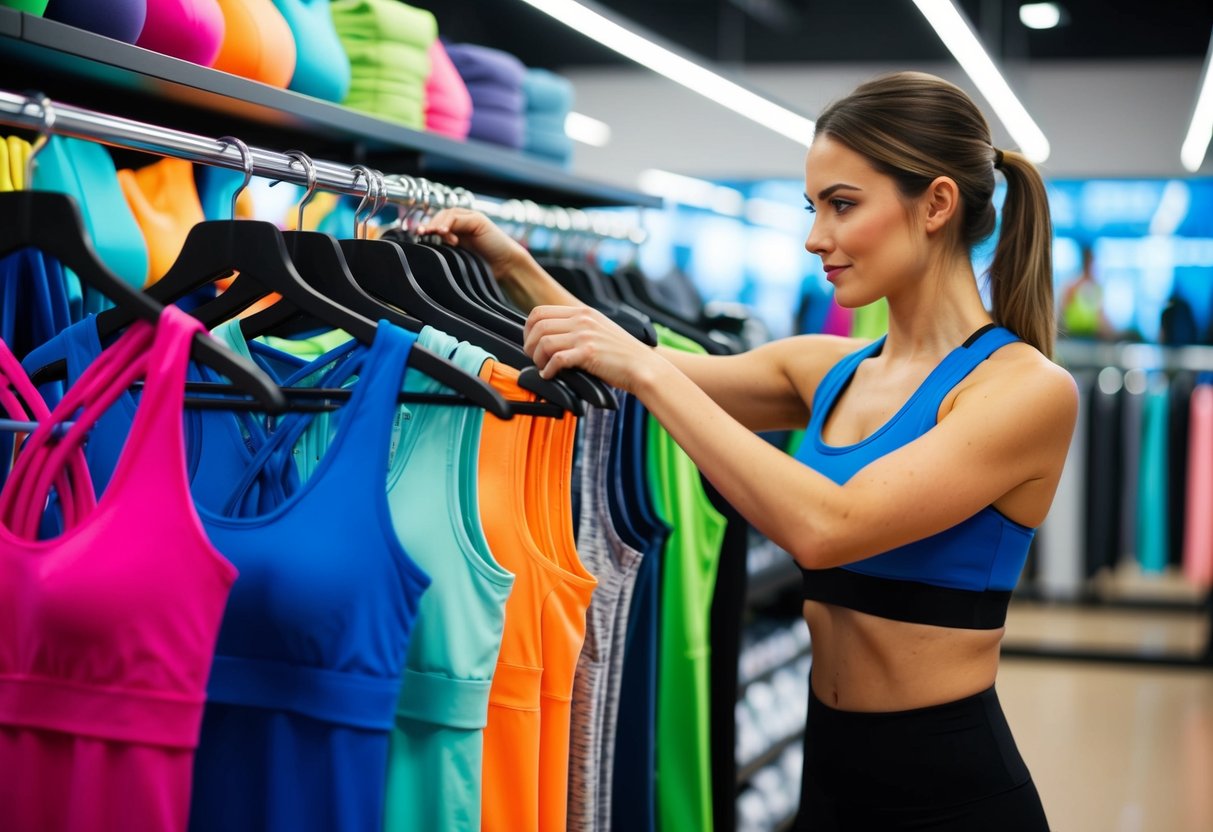 A woman browsing through a rack of colorful, sleek activewear in a well-lit, modern fitness store