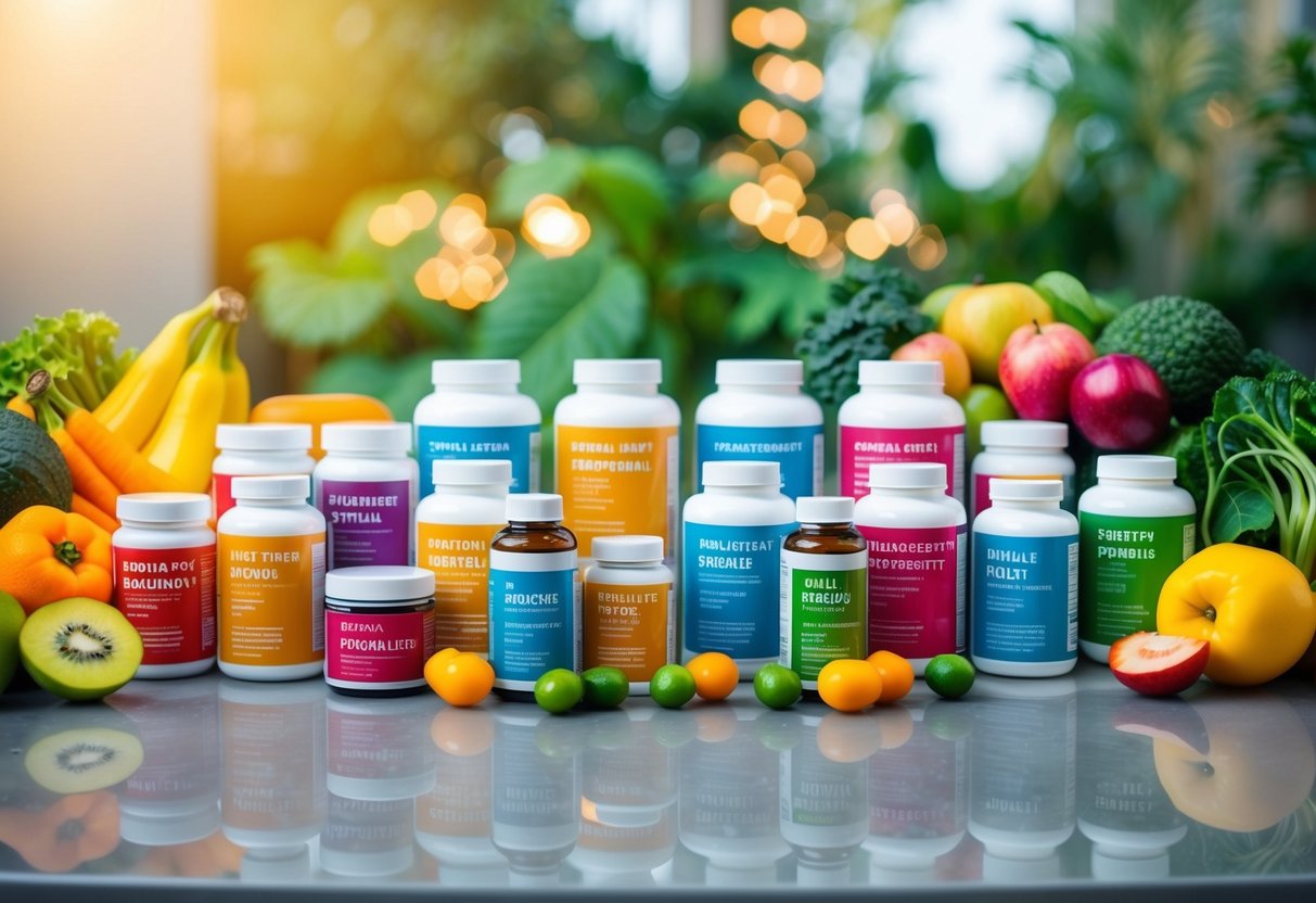 A colorful array of supplement bottles and containers arranged on a sleek, modern countertop, surrounded by vibrant, fresh fruits and vegetables