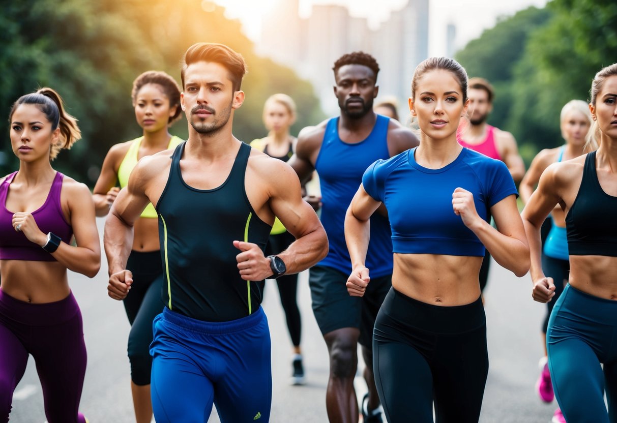 A diverse group of people wearing moisture-wicking activewear, engaged in various intense workouts such as running, weightlifting, and yoga