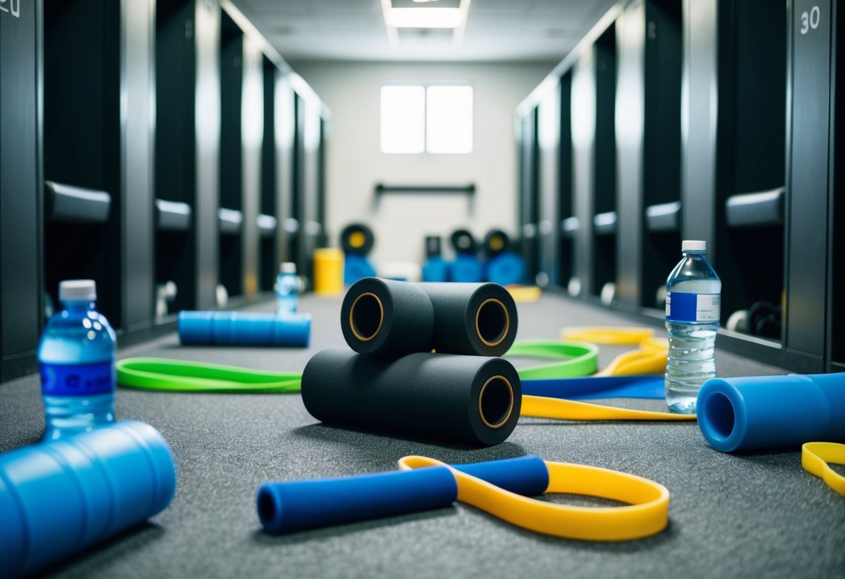 A gym locker room with foam rollers, compression socks, resistance bands, and water bottles scattered on the floor