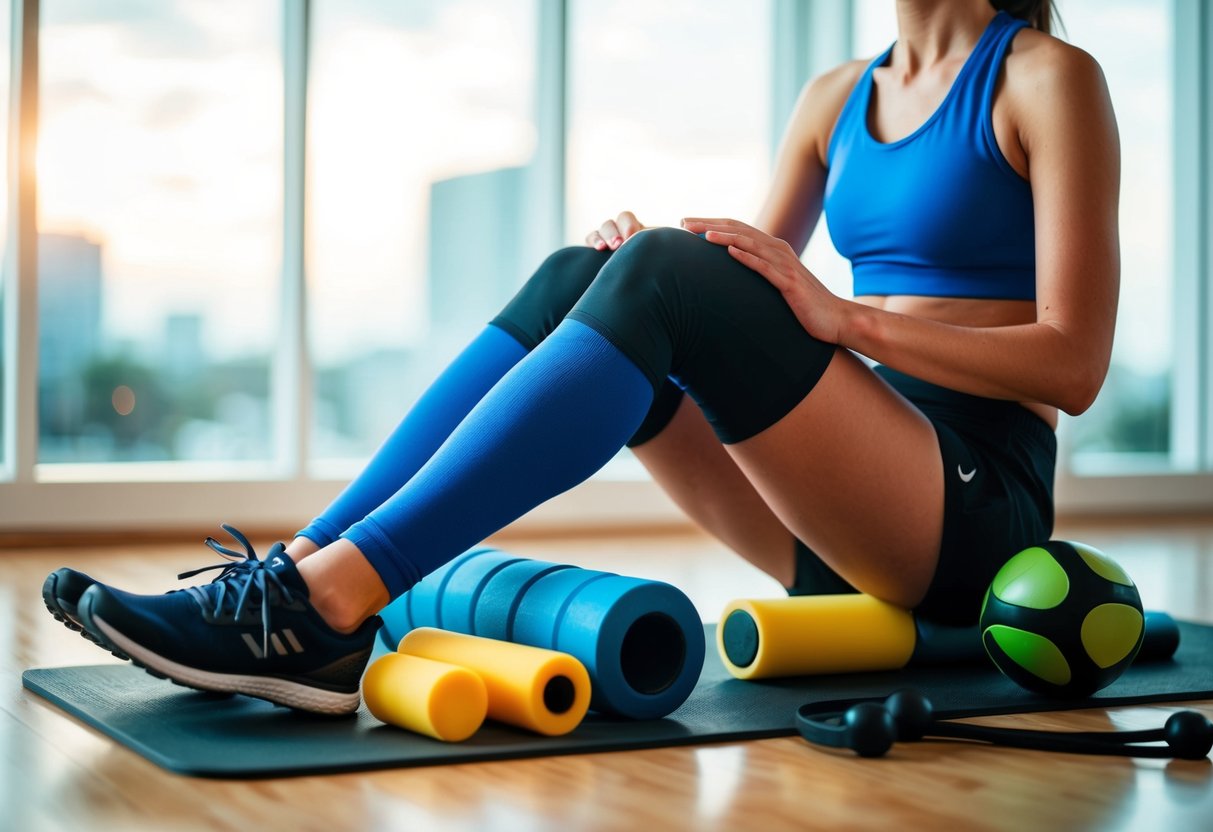 A runner wearing compression socks sits with their legs elevated, surrounded by foam rollers, resistance bands, and a massage ball