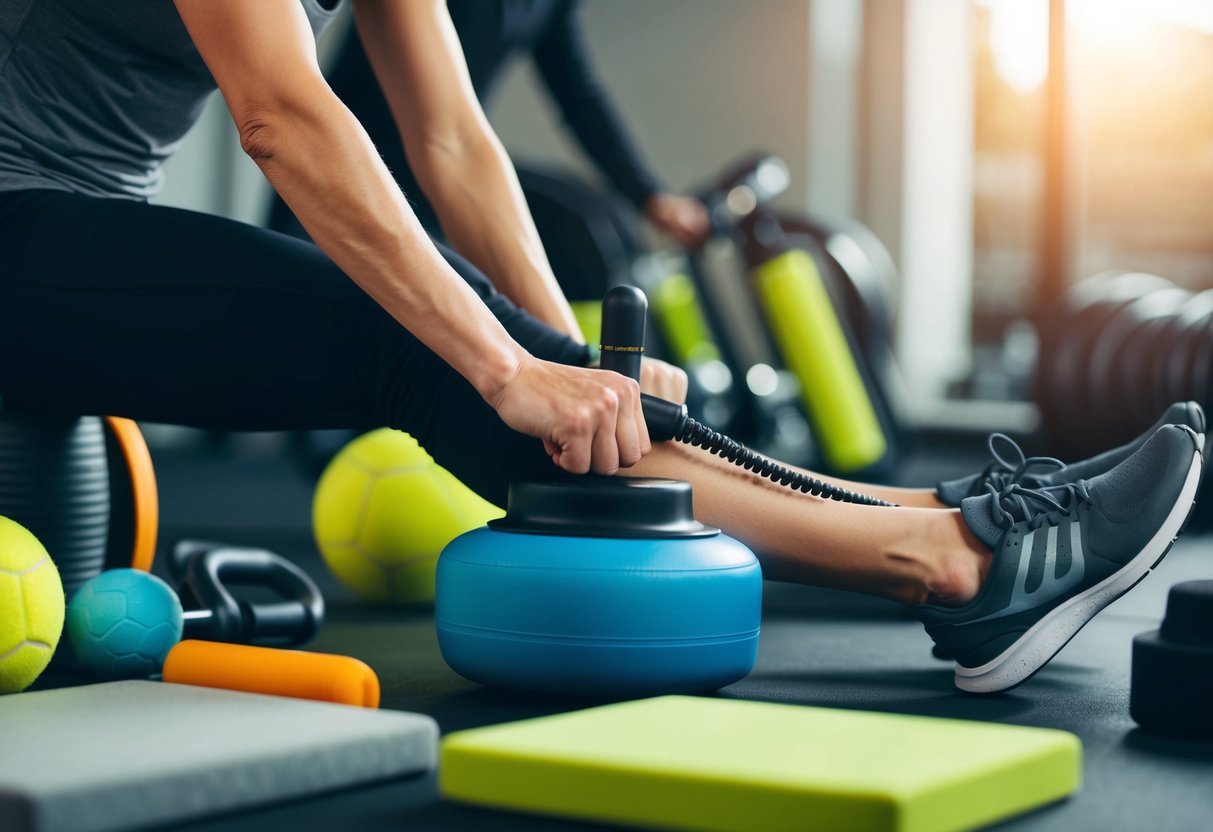 A person using percussive therapy on their legs while surrounded by various sports recovery gear