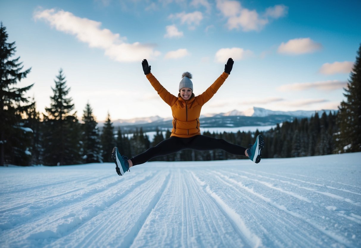 A snowy forest clearing with a figure in warm activewear doing jumping jacks, surrounded by pine trees and a distant mountain range