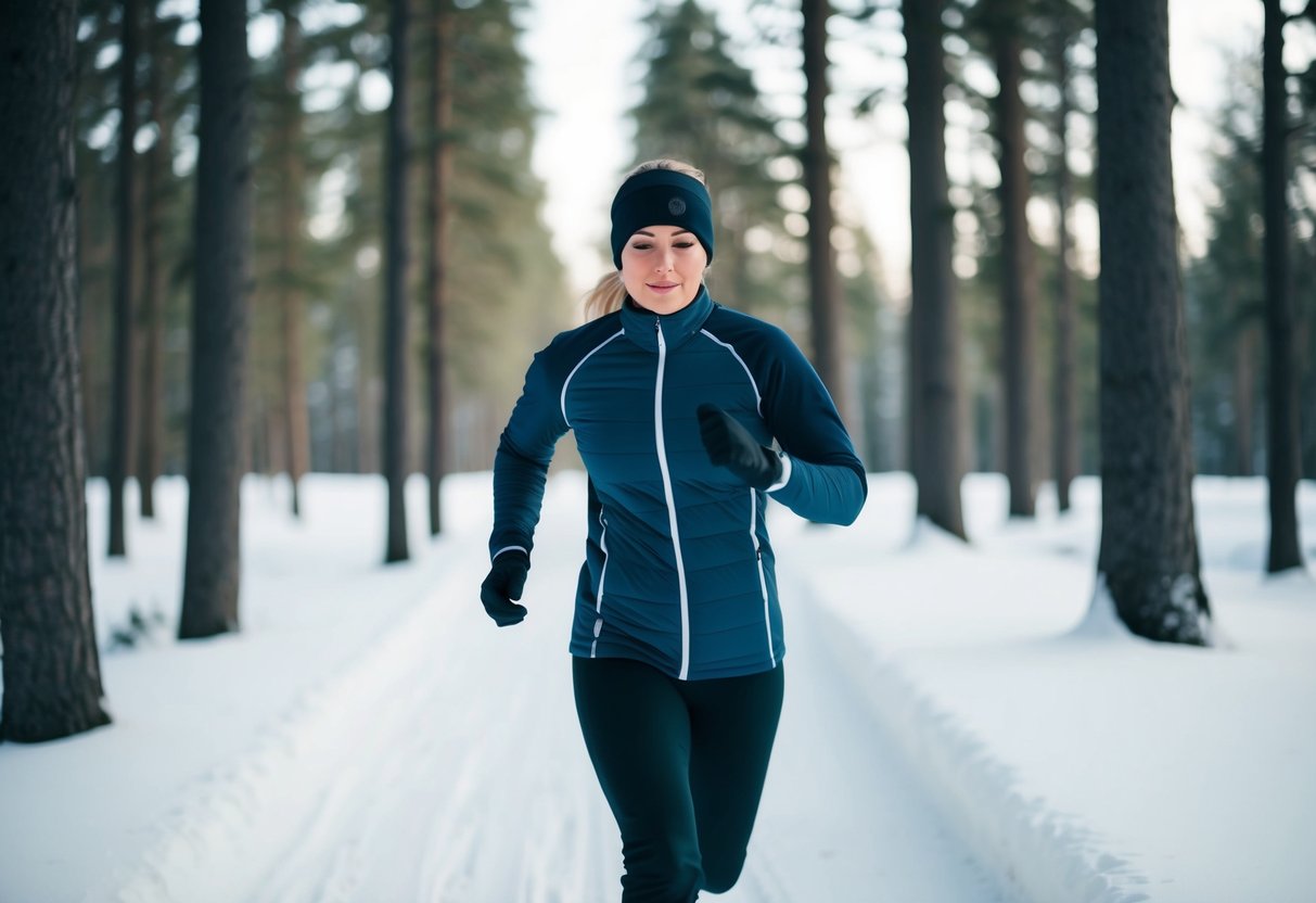 A person wearing thermal activewear running in a snowy forest, surrounded by trees and wearing insulated fabrics for warmth