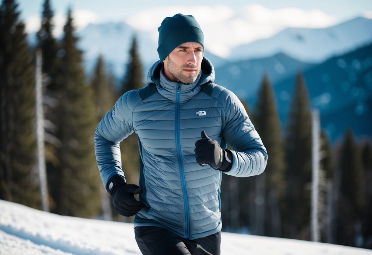 A figure wearing thermal base layers, insulated jacket, gloves, and beanie, exercising in a snowy forest with mountains in the background