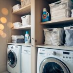 A laundry room with a washing machine and dryer, shelves stocked with detergent, fabric softener, and mesh laundry bags for delicates