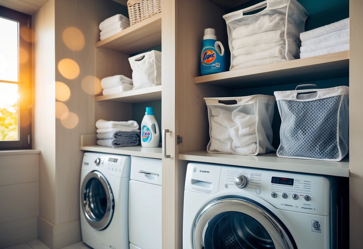 A laundry room with a washing machine and dryer, shelves stocked with detergent, fabric softener, and mesh laundry bags for delicates