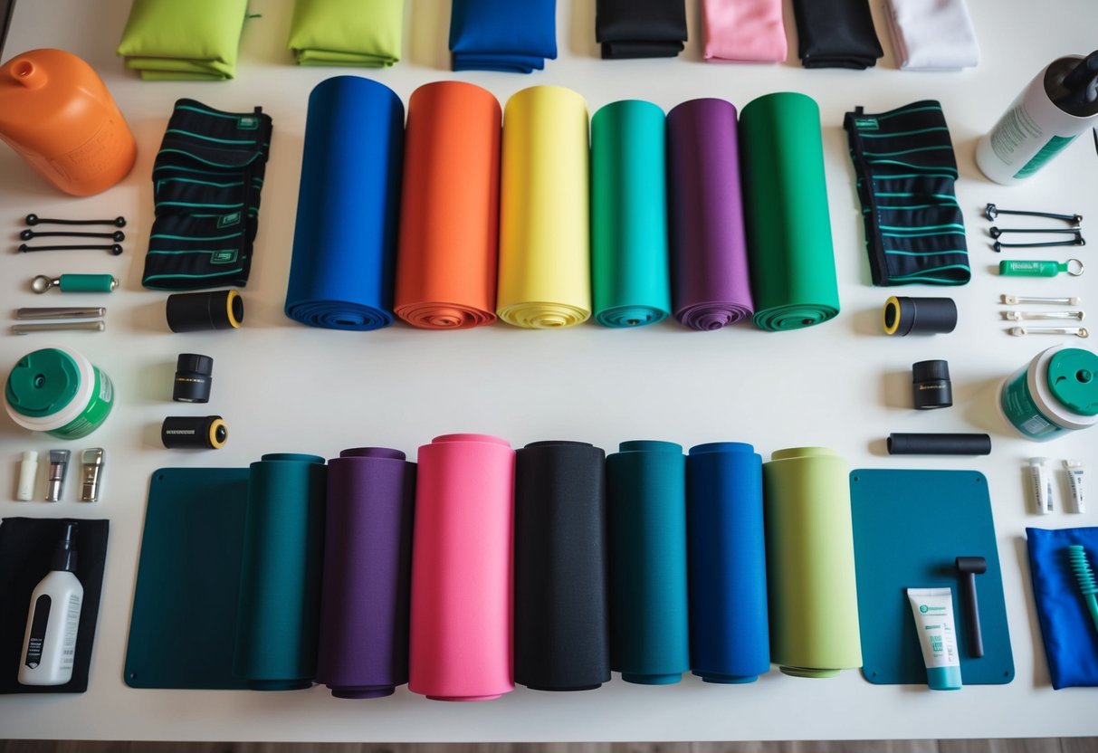 A colorful array of activewear materials laid out neatly on a clean, white surface, surrounded by various care products and tools