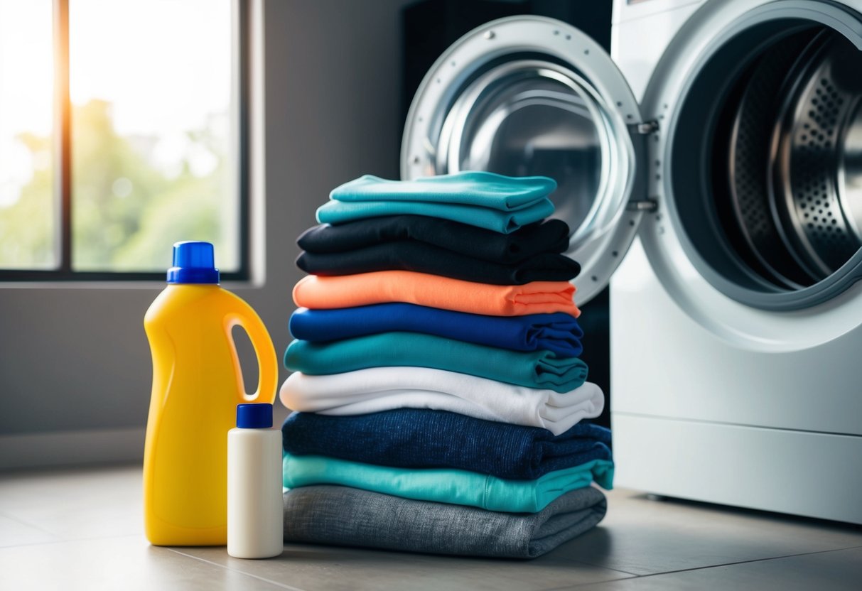 A neatly folded pile of activewear items, a bottle of detergent, and a washing machine with the door open, ready for maintenance