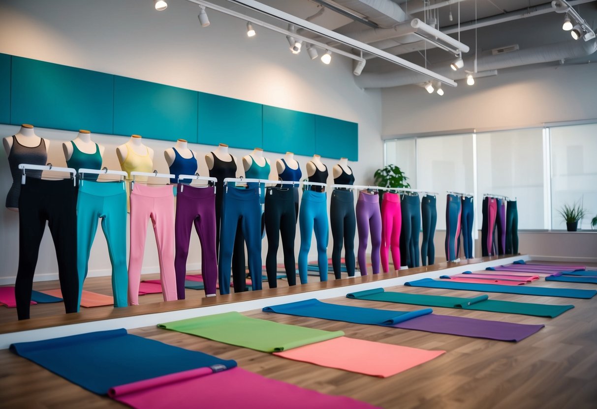 A serene yoga studio with rows of colorful leggings and pants on display, showcasing the top activewear brands for flexibility and comfort