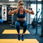 A woman in high-intensity activewear, sweat dripping, mid-jump during a dynamic workout surrounded by gym equipment and motivational posters