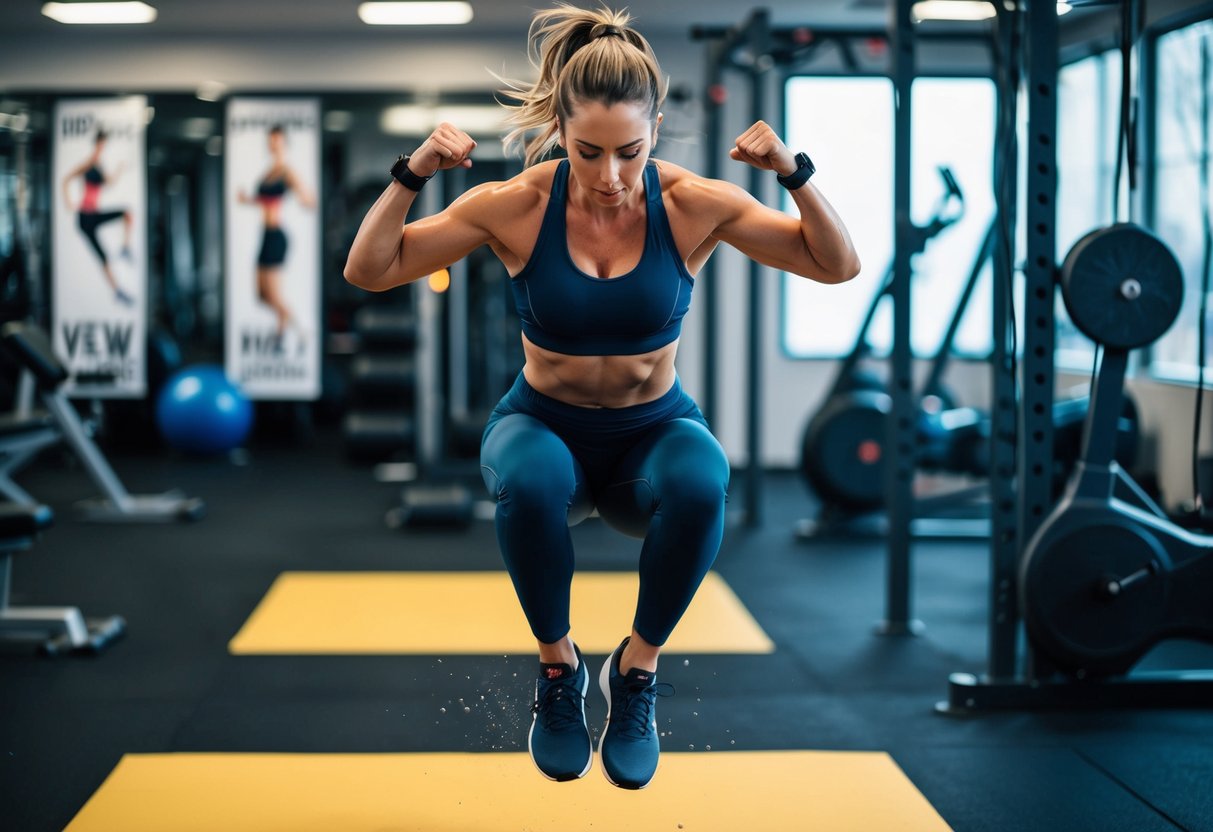 A woman in high-intensity activewear, sweat dripping, mid-jump during a dynamic workout surrounded by gym equipment and motivational posters