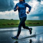 A figure running in the rain, wearing waterproof activewear, with storm clouds in the sky and puddles on the ground