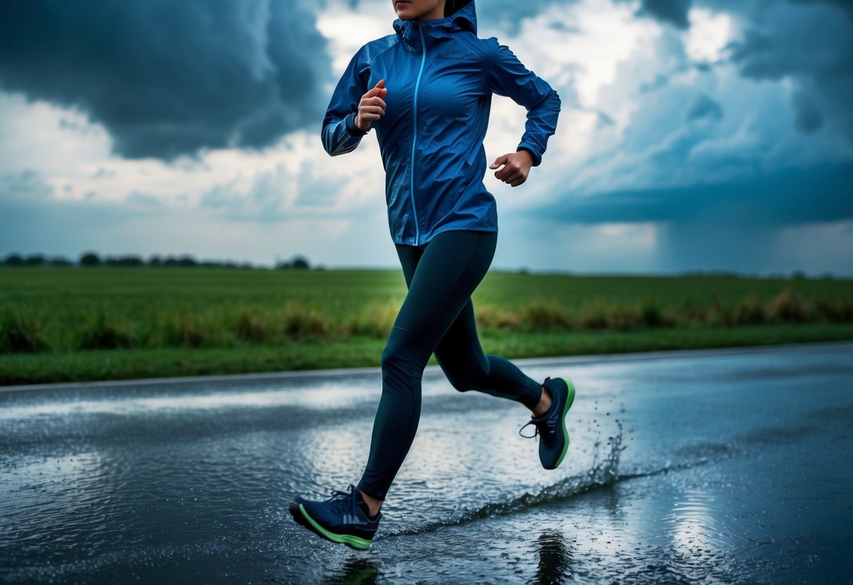 A figure running in the rain, wearing waterproof activewear, with storm clouds in the sky and puddles on the ground