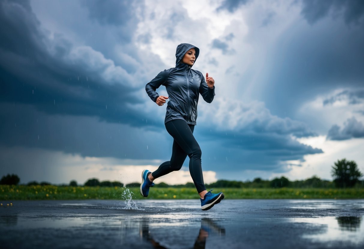 A figure running in the rain, wearing waterproof activewear, with storm clouds in the background and puddles on the ground