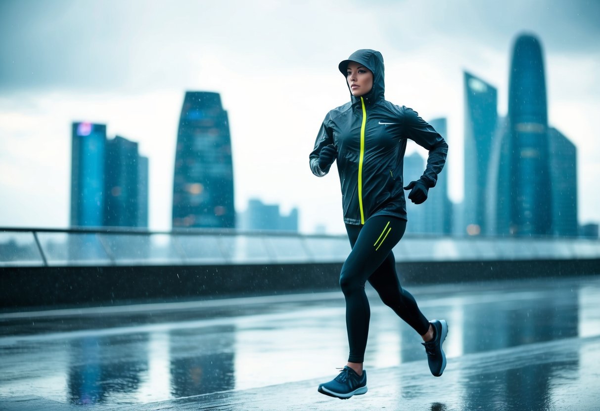 A figure running in the rain, wearing high-tech waterproof activewear, with futuristic cityscape in the background