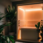 A serene, dimly lit room with an infrared sauna emitting a soft, warm glow, surrounded by lush green plants and soothing music playing in the background