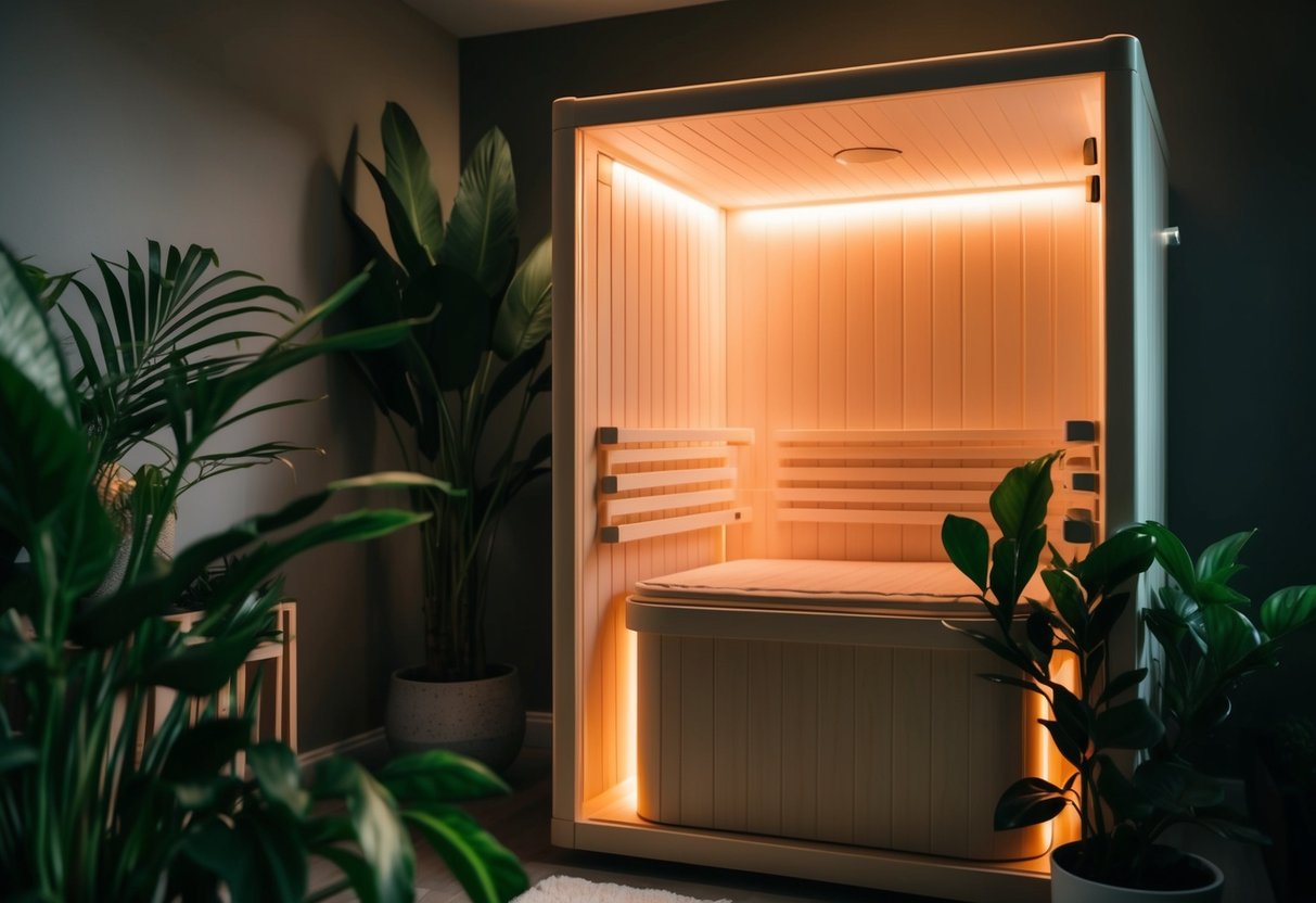 A serene, dimly lit room with an infrared sauna emitting a soft, warm glow, surrounded by lush green plants and soothing music playing in the background