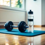 A home gym setup with adjustable dumbbells, workout mat, and water bottle