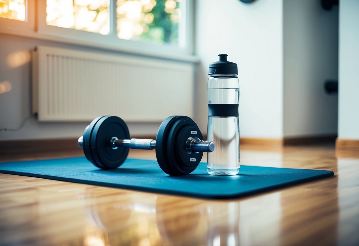 A home gym setup with adjustable dumbbells, workout mat, and water bottle