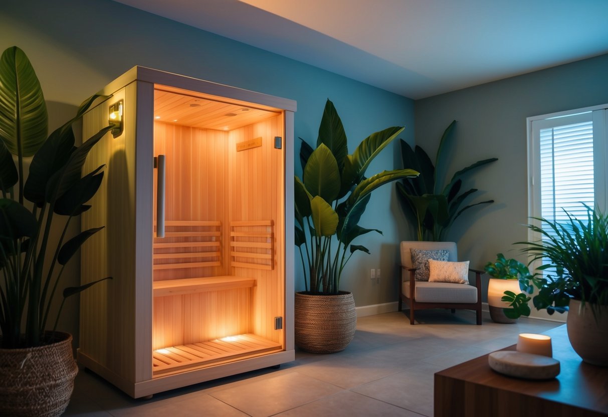 A serene, dimly lit room with an infrared sauna emitting a warm, gentle glow, surrounded by lush green plants and soothing, calming decor