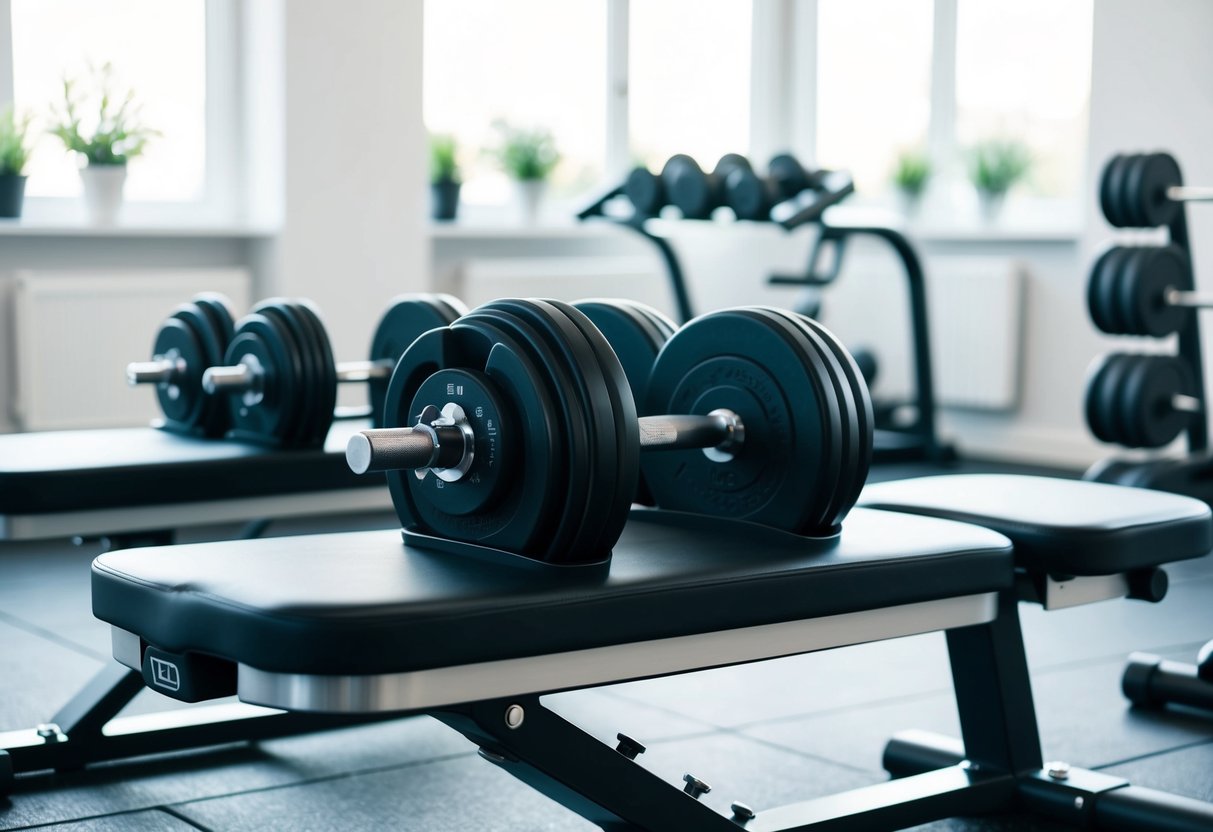 A set of adjustable dumbbells sits on a sleek, modern workout bench, surrounded by neatly organized fitness equipment and a bright, airy home gym space