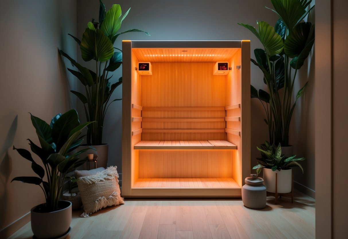 A serene, dimly lit room with a sleek infrared sauna emitting a warm glow, surrounded by lush green plants and soothing decor