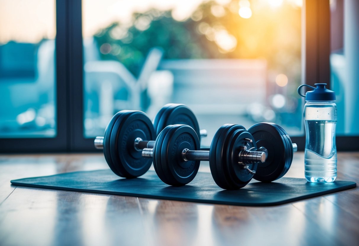 A home gym with adjustable dumbbells, workout bench, and water bottle nearby